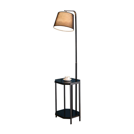 Modern Floor Lamp With 2-Tier Shelf - Bucket Design Fabric Shade
