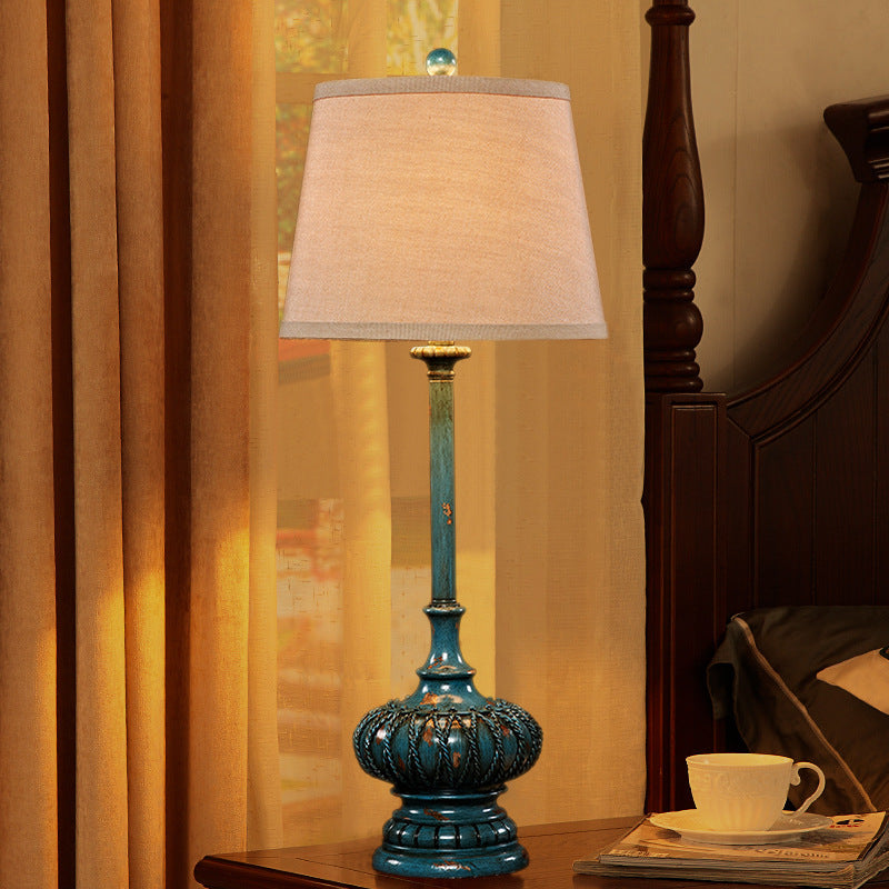 Aqua Column Table Lamp: Traditional Resin 1-Light Nightstand Lamp For Bedroom With Cone Shade