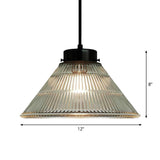 Retro-Style Clear Ribbed Glass Suspension Pendant Light For Restaurants - 1 Head Tapered Design