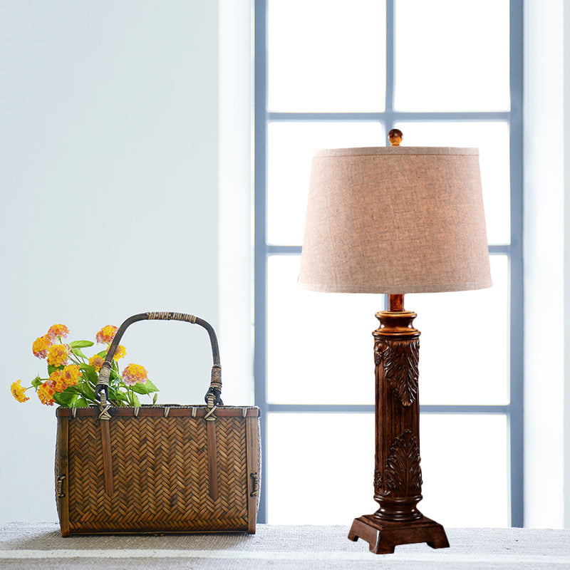 Vintage Brown Carved Base Table Lamp With Tapered Fabric Shade - Perfect For Study Rooms And Night