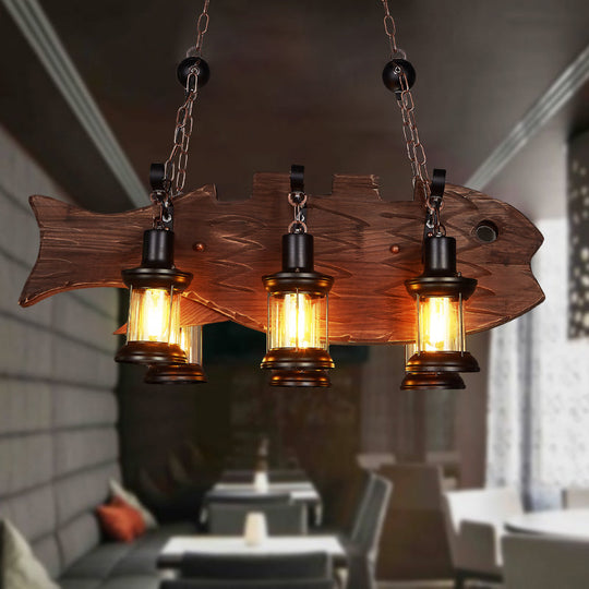 Country Style 6-Bulb Glass Lantern Island Pendant Light With Wooden Fish Deco