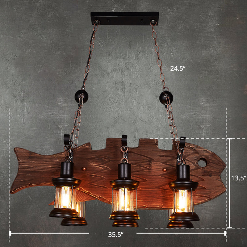 Country Style 6-Bulb Glass Lantern Island Pendant Light With Wooden Fish Deco Wood