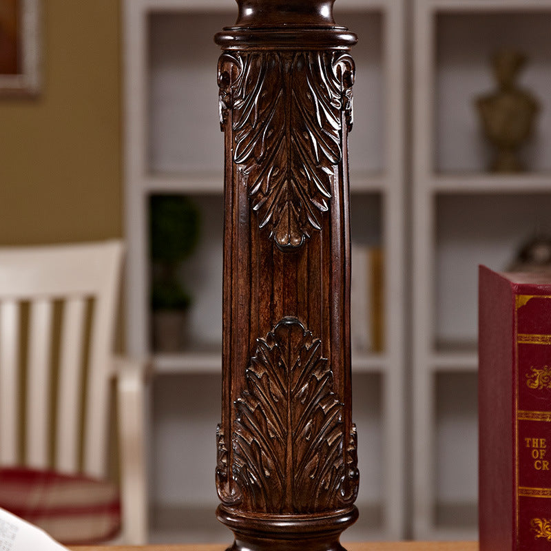 Vintage Brown Carved Base Table Lamp With Tapered Fabric Shade - Perfect For Study Rooms And Night