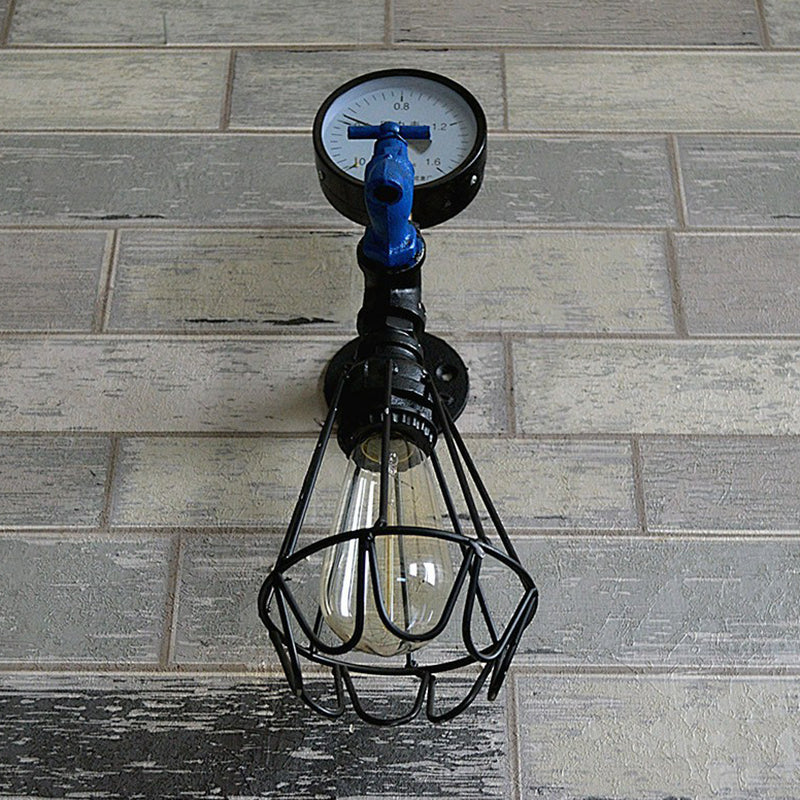 Black Industrial Water Tap Sconce Lighting With Cage And Gauge - 1 Head Metal Wall Lamp Fixture