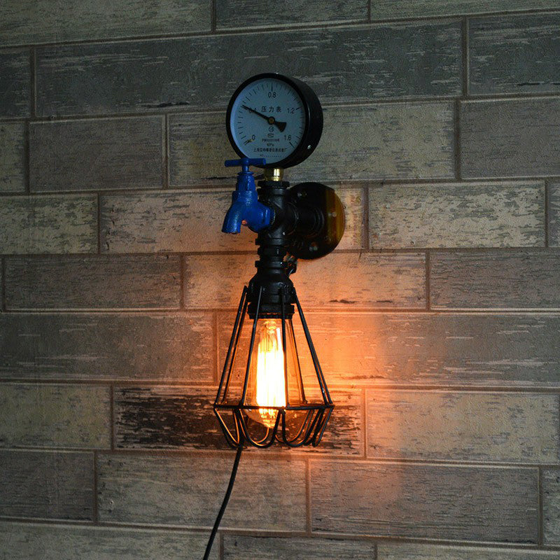 Black Industrial Water Tap Sconce Lighting With Cage And Gauge - 1 Head Metal Wall Lamp Fixture