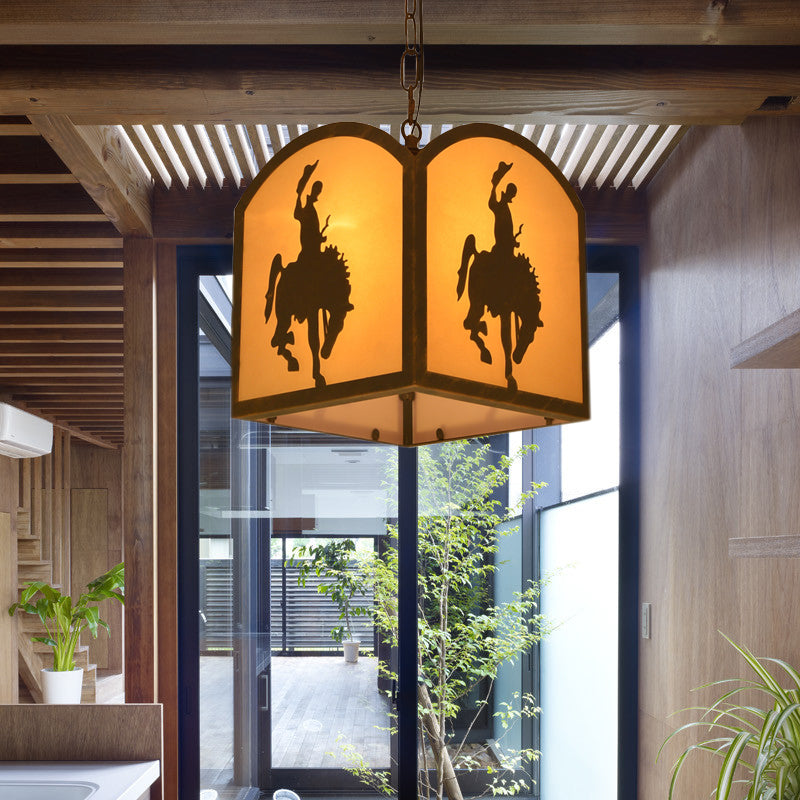 Metal Vintage Square Pendant Lighting With Horse Pattern - Rustic Restaurant Hanging Light Kit 1