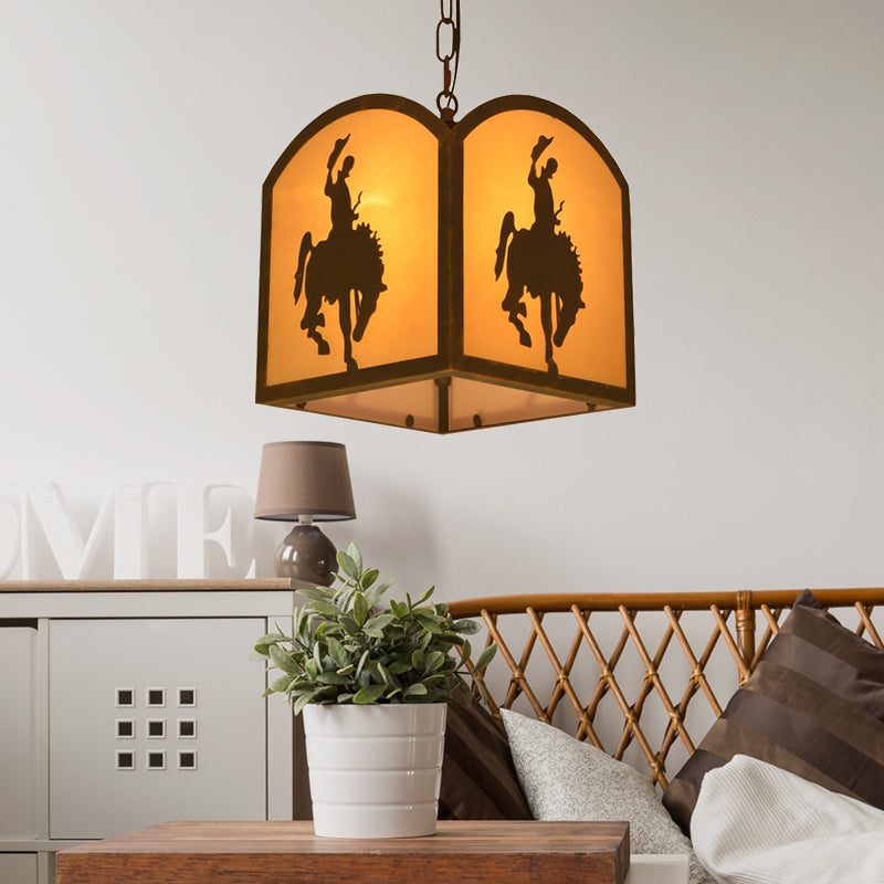 Metal Vintage Square Pendant Lighting With Horse Pattern - Rustic Restaurant Hanging Light Kit 1