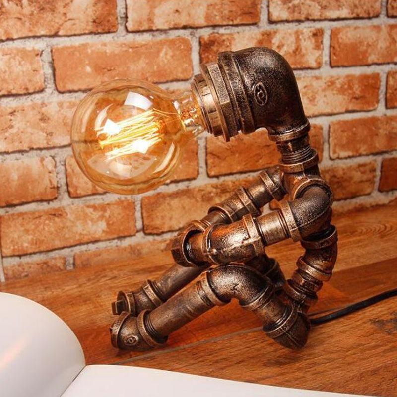 1-Light Industrial Robot Table Lamp - Antiqued Bronze Metal Nightstand Light For Bedroom