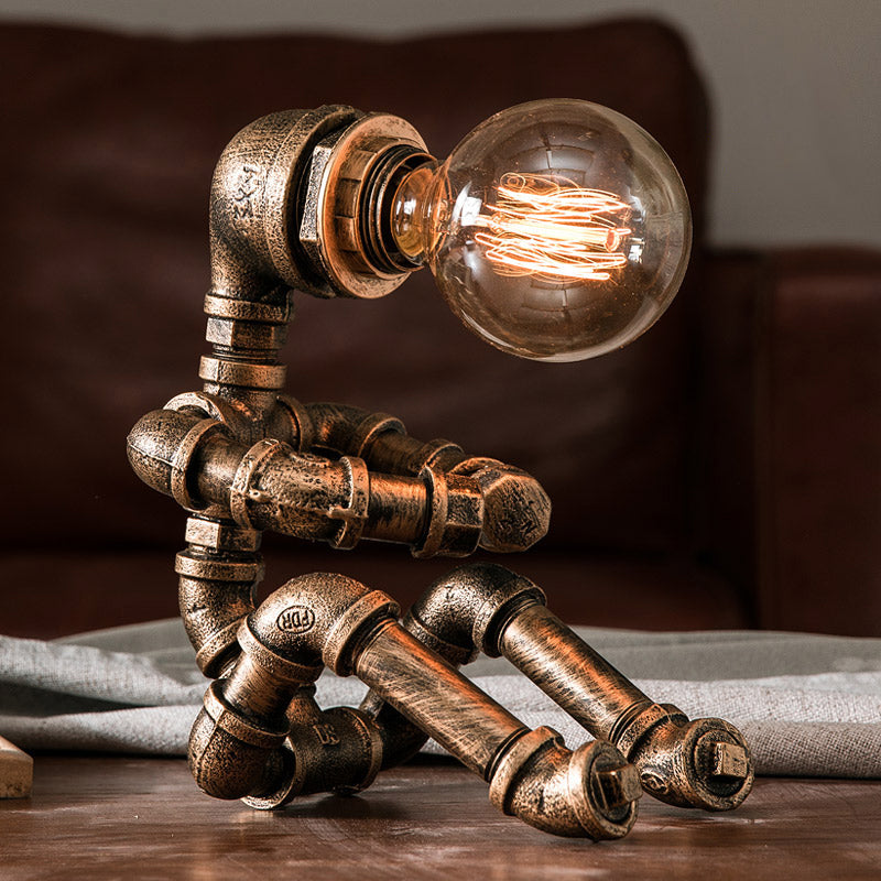1-Light Industrial Robot Table Lamp - Antiqued Bronze Metal Nightstand Light For Bedroom