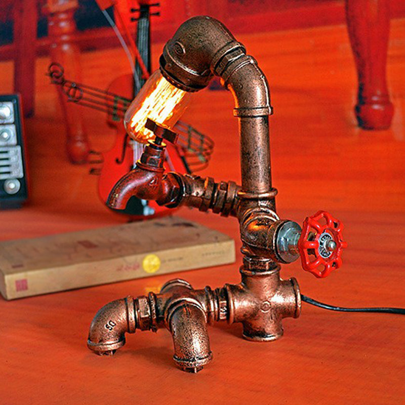Pipe Man Industrial Metal Night Light - Rust Red Table Lamp With 1 Bulb For Bedroom
