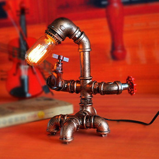 Pipe Man Industrial Metal Night Light - Rust Red Table Lamp With 1 Bulb For Bedroom