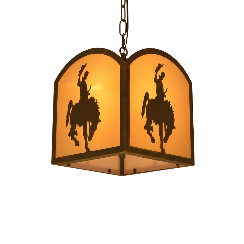 Metal Vintage Square Pendant Lighting With Horse Pattern - Rustic Restaurant Hanging Light Kit 1