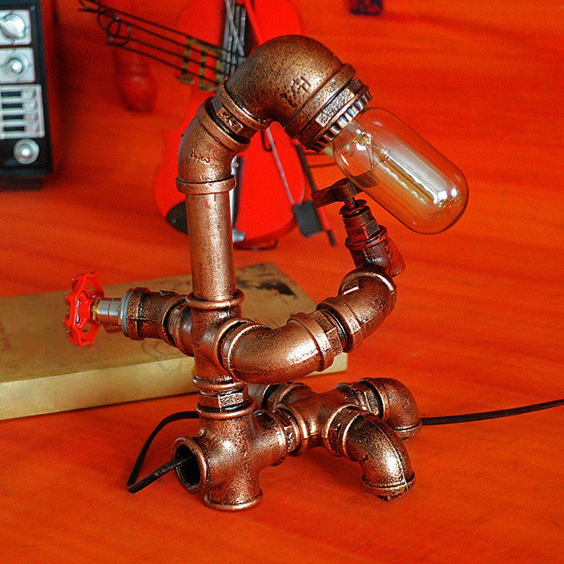 Pipe Man Industrial Metal Night Light - Rust Red Table Lamp With 1 Bulb For Bedroom