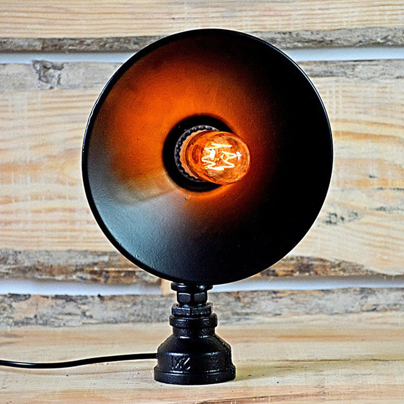 Industrial Flared Shade Night Lamp With Decorative Red Valve - Black Iron Table Light