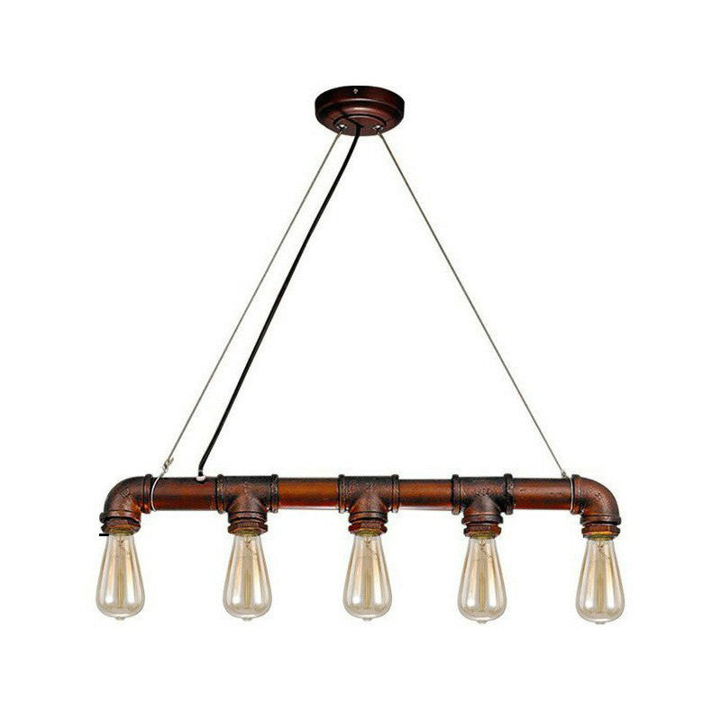 5-Head Steampunk Island Pendant Light With Straight Pipes And Rustic Charm Rust
