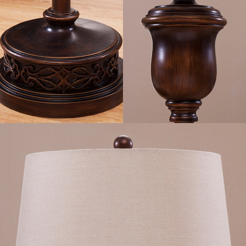 Traditional Red Brown Resin Floor Lamp With Cone White Fabric Shade - Urn Shape Stand Up Light