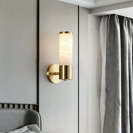 Modern Pillar Shaped Sconce Light: Marble Bedside Wall Lamp In White And Brass