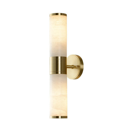 Modern Pillar Shaped Sconce Light: Marble Bedside Wall Lamp In White And Brass