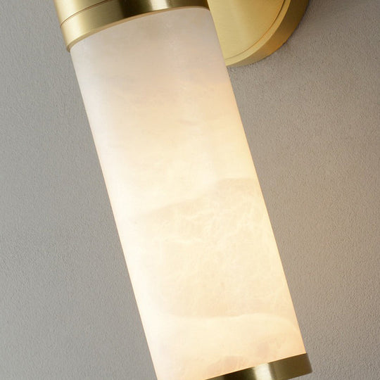 Modern Pillar Shaped Sconce Light: Marble Bedside Wall Lamp In White And Brass