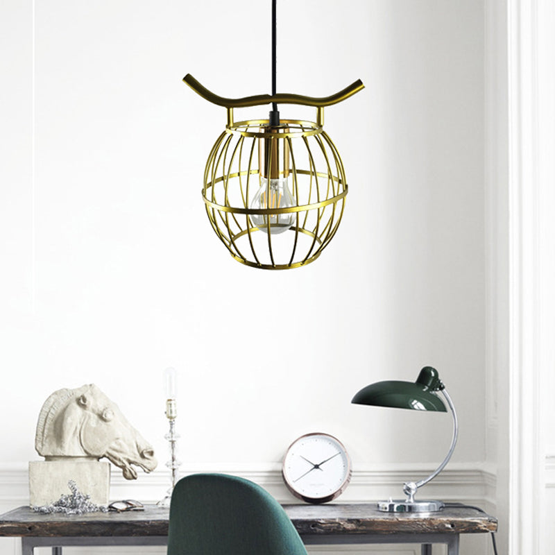 Vintage Gold Orb Cage Pendant Light Fixture - 1 Metal Hanging For Stairway