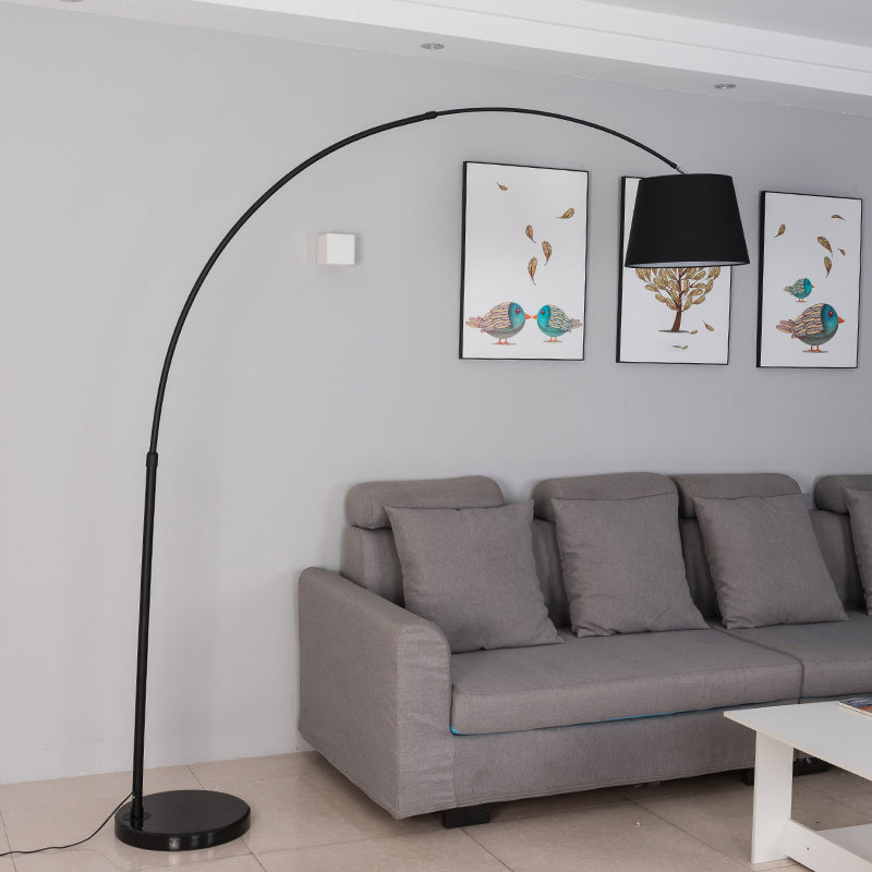 Sleek Black Floor Lamp With Fishing Rod Arm - Simplicity 1-Light Fabric Bucket Standing Light