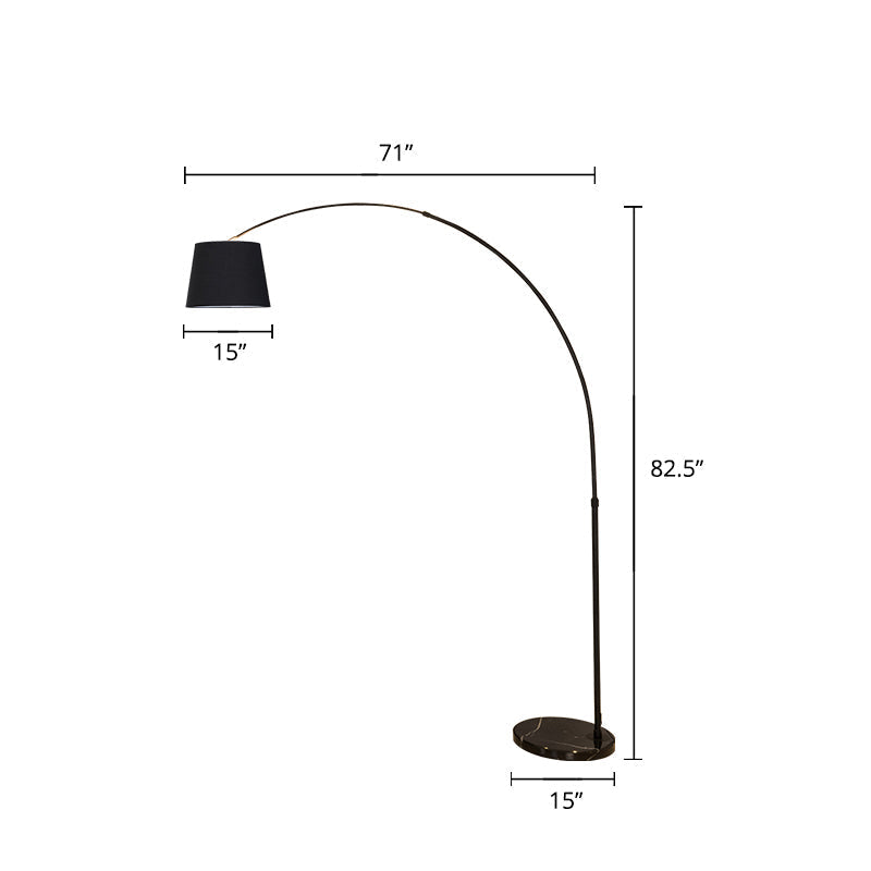 Sleek Black Floor Lamp With Fishing Rod Arm - Simplicity 1-Light Fabric Bucket Standing Light / 15