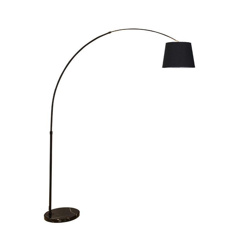 Sleek Black Floor Lamp With Fishing Rod Arm - Simplicity 1-Light Fabric Bucket Standing Light