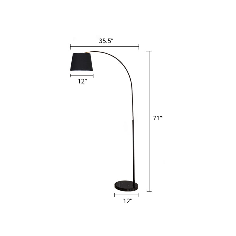 Sleek Black Floor Lamp With Fishing Rod Arm - Simplicity 1-Light Fabric Bucket Standing Light / 12