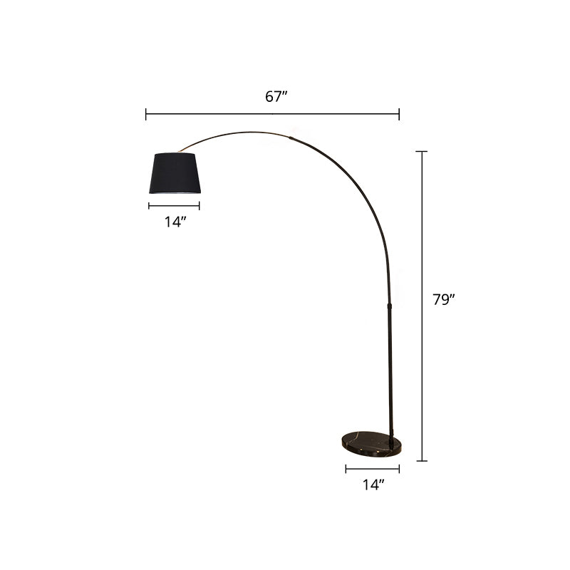 Sleek Black Floor Lamp With Fishing Rod Arm - Simplicity 1-Light Fabric Bucket Standing Light / 14