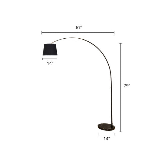 Sleek Black Floor Lamp With Fishing Rod Arm - Simplicity 1-Light Fabric Bucket Standing Light / 14