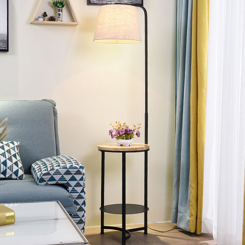 Contemporary Round Fabric Floor Lamp With 2-Tier Shelf - Single-Bulb White Standing Lighting Black