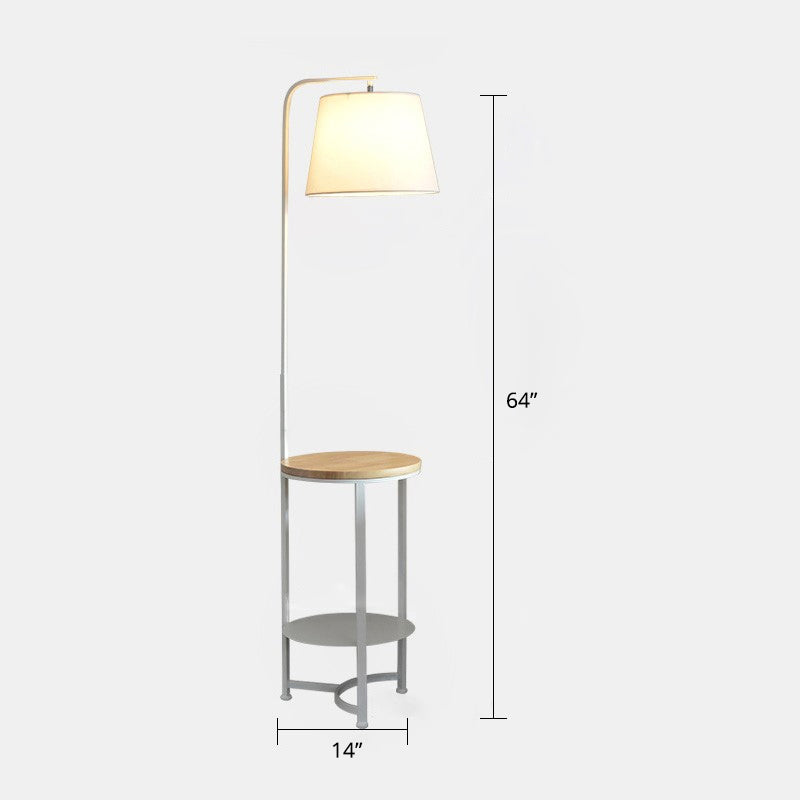 Contemporary Round Fabric Floor Lamp With 2-Tier Shelf - Single-Bulb White Standing Lighting