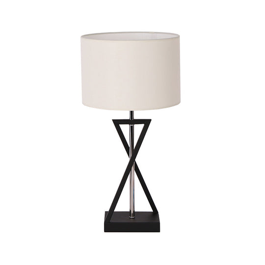 Contemporary Fabric Drum Shade Table Lamp With Modern Hourglass Design For Bedside Nightstand