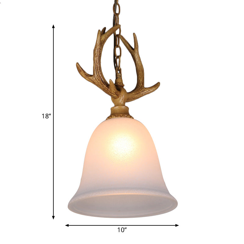 Rustic White Glass Hanging Pendant Light With Elk Design - 1 Bell Ceiling Lamp