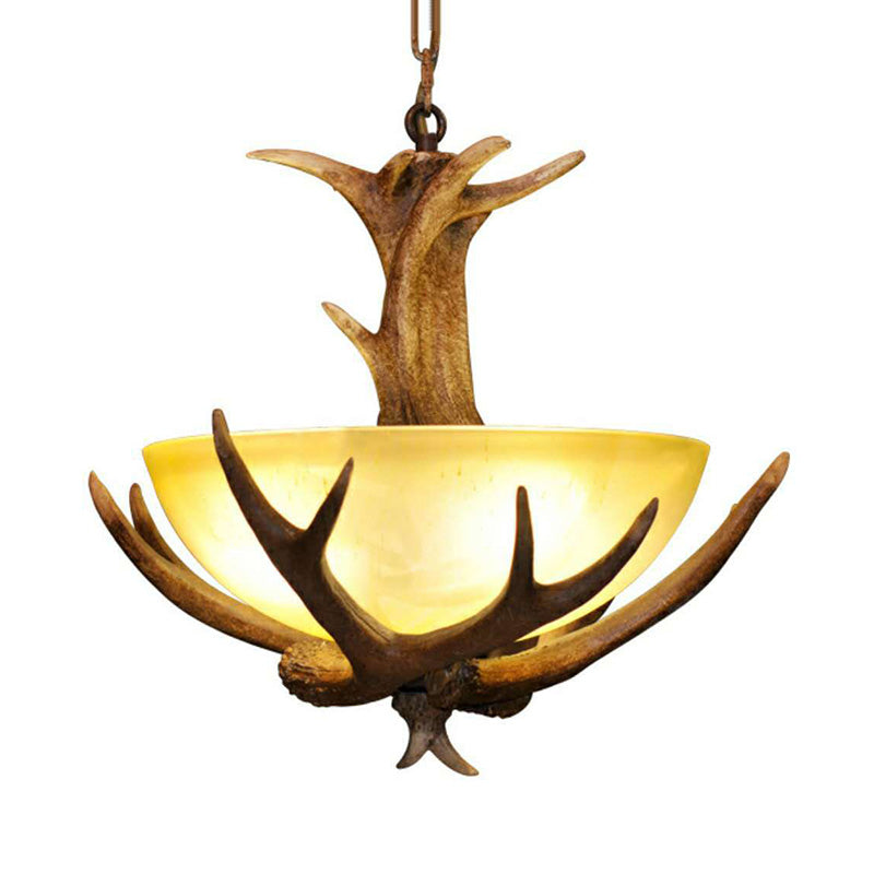 Rustic White Glass Pendant Fixture - Brown Bowl Shape With 3 Lights Dining Room Ceiling Light