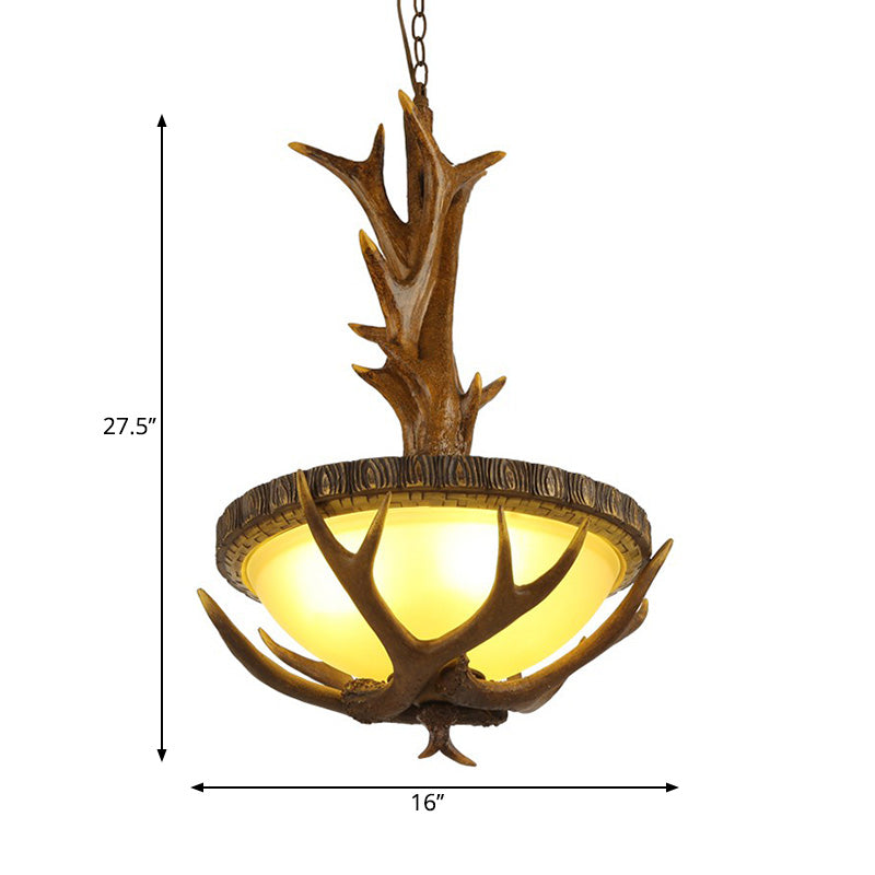 Country Style Brown Pendant Light With Elk Design And Frosted Glass Bowl