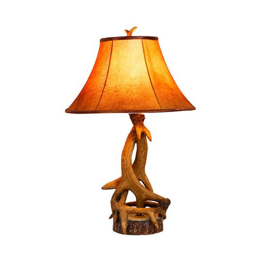 1-Light Desk Lamp: Traditional Wood & Fabric With Antler Accents - Ideal Bedroom Task Lighting