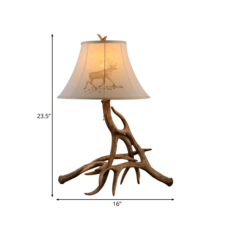 Traditional Wood Barrel Desk Lamp With Branch Design - White Fabric Shade Bedroom Reading Light