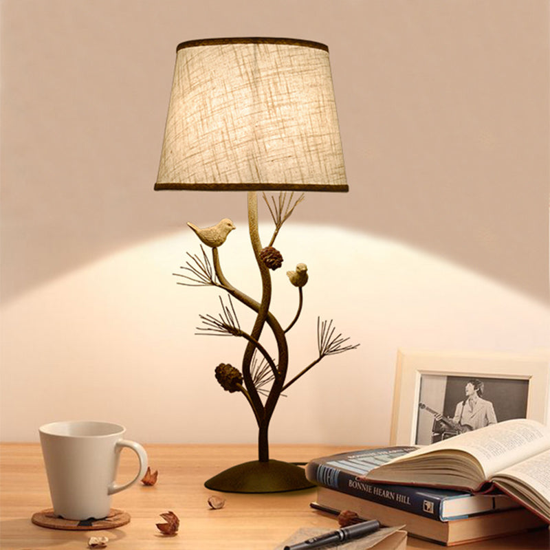 Country Style Drum Bedroom Night Table Lamp With Tree And Bird Design - Beige 1-Light Desk Light