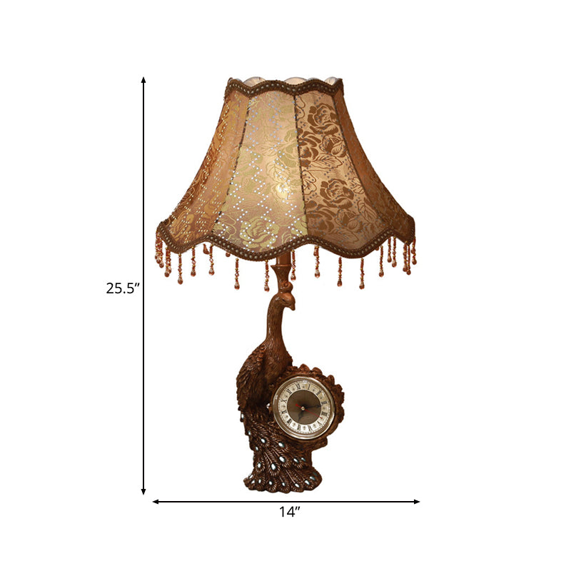 Rustic Bell Standing Desk Lamp With Peacock And Clock - Tan Table Light 1-Light Printing Fabric