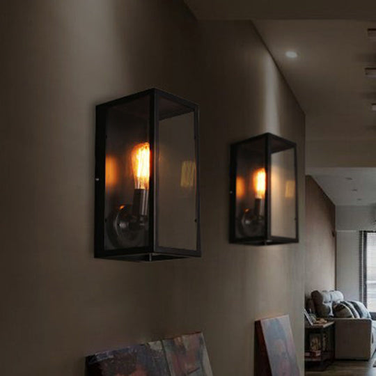 Black Glass Rectangular Box Wall Lamp - Simplicity 1 Head Corridor Light Fixture