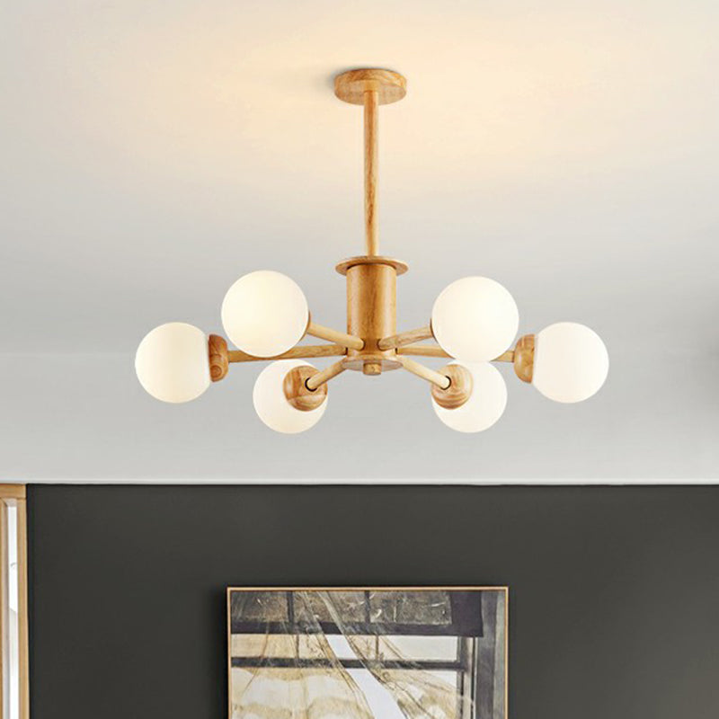 Nordic White Glass Ball Pendant Light For Living Room - Wood Sputnik Chandelier