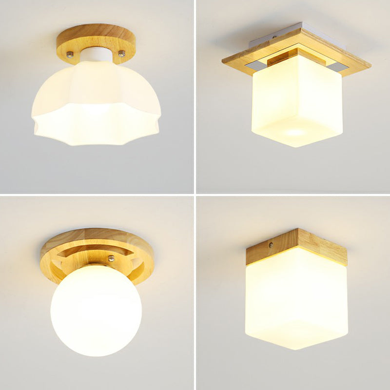 Wooden Nordic Semi Flush Ceiling Light With White Glass - Small Size