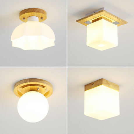 Wooden Nordic Semi Flush Ceiling Light With White Glass - Small Size