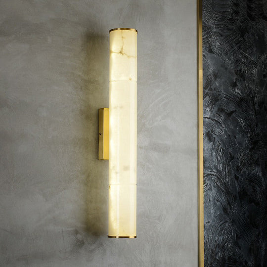 Sleek Marble Tube Led Sconce Light: Simplicity White & Brass Wall Lamp For Living Room