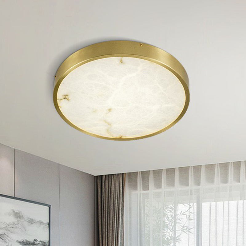 Modern Round Led Flush Mount Ceiling Light With Marble Accents - Brass Finish