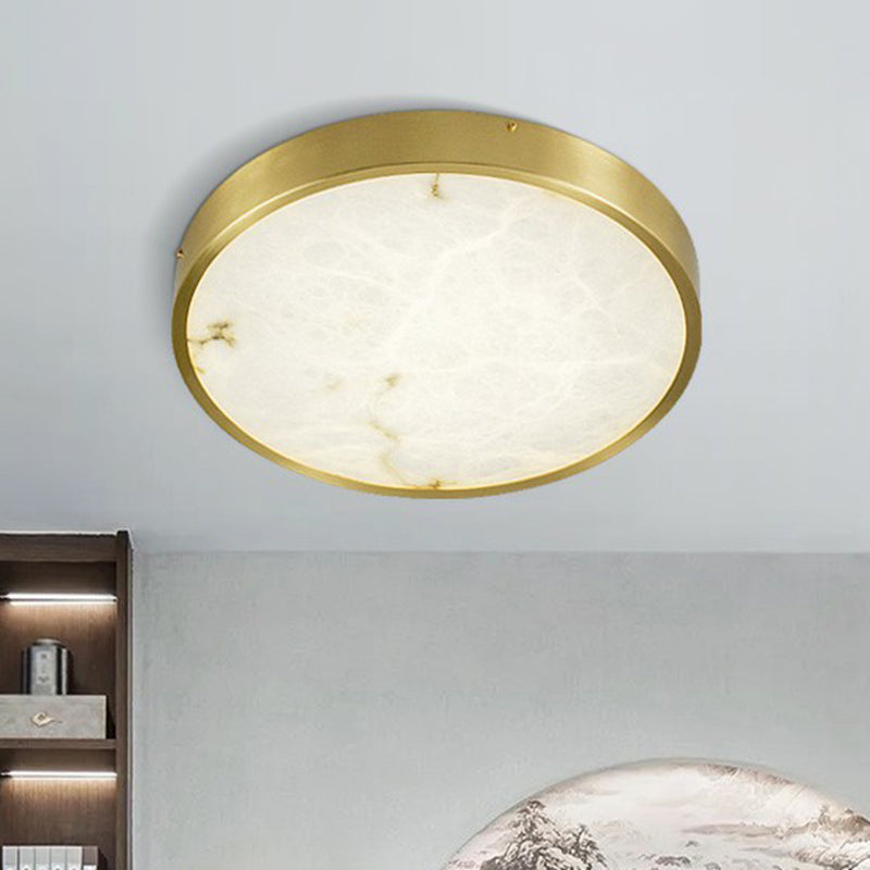 Modern Round Led Flush Mount Ceiling Light With Marble Accents - Brass Finish