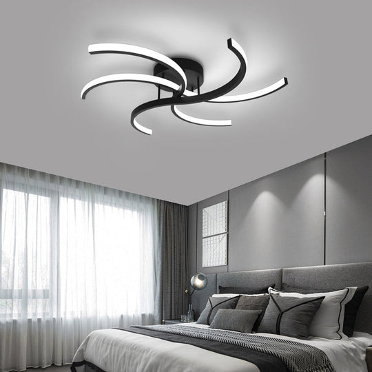 Modern Metal Windmill Ceiling Light In Black - Led Semi Flush Mount For Bedroom