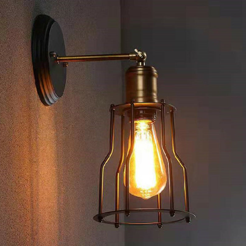 Industrial Black Metal Wall Lamp With Swivel Arm And Cage Shade