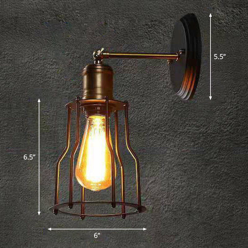 Industrial Black Metal Wall Lamp With Swivel Arm And Cage Shade